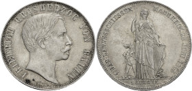 Baden/-Durlach, Markgrafschaft, seit 1806 Ghzt.. 
FRIEDRICH I., 1852-1907. Gulden 1863 auf das 1. Badische Landesschießen in Mannheim. Kopf r. Rv. St...