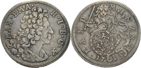 Bayern, Herzogtum, seit 1806 Königreich. 
MAXIMILIAN II. EMANUEL, 1679-1705 und 1715-1726. 15 Kreuzer 1715 München. Büste n. r. Rv. Löwe hält Schwert...