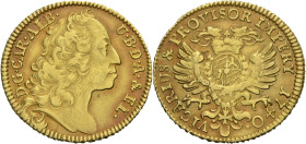 Bayern, Herzogtum, seit 1806 Königreich. 
KARL ALBERT, 1726-1745. Goldgulden 1740 auf das Vikariat. Kopf r. Rv. Ungekrönter Doppeladler, auf der Brus...
