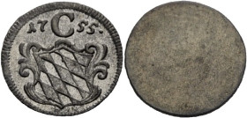 Bayern, Herzogtum, seit 1806 Königreich. 
MAXIMILIAN III. JOSEPH, 1745-1777. Einseitiger Billon-Pfennig 1755, München. Weckenschild, oben 17-C-55 10 ...