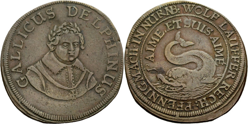 Nürnberg, Stadt. 
Rechenpfennig des Wolf Lauffer, 1612-1651. Belorbeertes Brust...