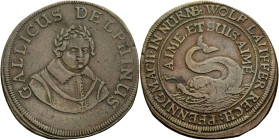 Nürnberg, Stadt. 
Rechenpfennig des Wolf Lauffer, 1612-1651. Belorbeertes Brustbild des Dauphin von vorn, GALLICUS DELPHINUS Rv. Delphin, WOLF LAUFFE...