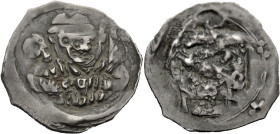 Regensburg, Bistum. 
KONRAD V., 1296-1313, oder NIKOLAUS, 1313-1340. Pfennig. Brustbild des Bischofs mit Krummstab und Palmzweig. Rv. Drei Spitzgiebe...