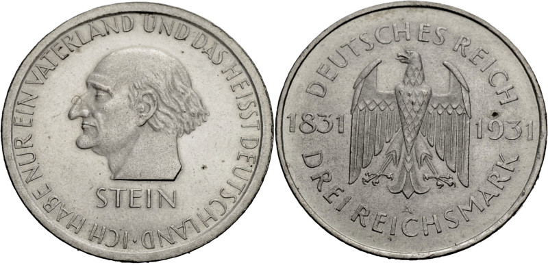 Weimarer Republik. 
3 Reichsmark 1931 A zum 100. Todestag des Freiherrn vom Ste...