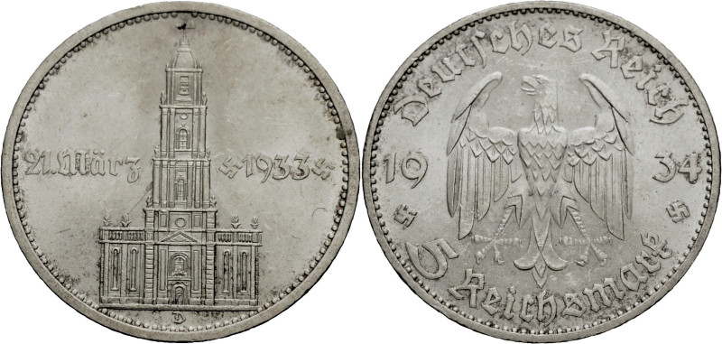 Drittes Reich. 
5 Reichsmark 1934 D, Garnisonkirche. J.&nbsp;356. . 

Gutes v...