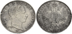 FRANZ JOSEPH I., 1848-1916. 1/4 Gulden 1857 M, Mailand. Belorbeerter Kopf r. Rv. Gekrönter Doppeladler. Jl.&nbsp;326. Schrötlingsfehler am Rand. Getön...