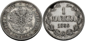 Finnland. 
Unter russischer Herrschaft. 
ALEXANDER II., 1855-1881. Markka 1866 S. Gekrönter Doppeladler. Rv. Wert und Jahr im Eichenkranz. 24 mm. KM...