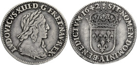 Frankreich/-Königliche Münzen. 
LOUIS XIII, 1610-1643. Douzième d'écu, 2e poinçon de Warin, 1642 Paris. Diff. Rose. Belorbeerte Büste r., . REX* Rv. ...