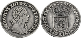 Frankreich/-Königliche Münzen. 
LOUIS XIII, 1610-1643. Douzième d'écu, 2e poinçon de Warin, 1642 Paris. Diff. Rose. Belorbeerte Büste r., . REX* Rv. ...