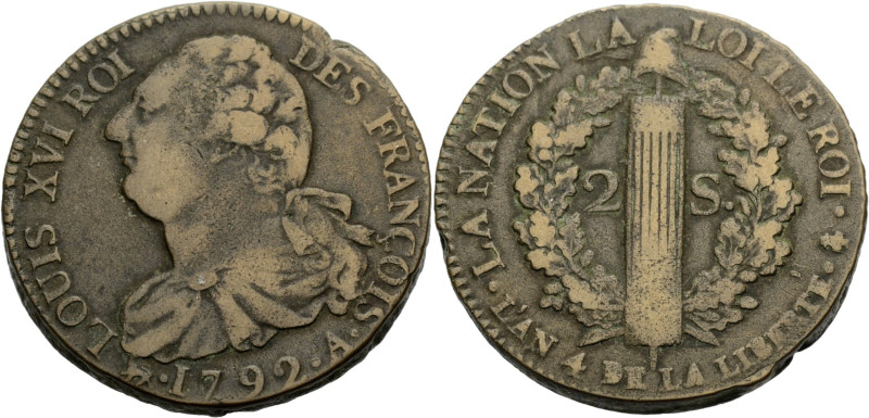 Frankreich/-Königliche Münzen. 
CONSTITUTION, 1791-1793. 2 Sols 1792 A, Paris, ...