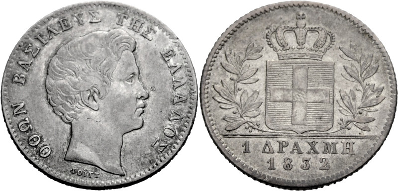 Griechenland. 
OTTO, 1832-1862. Drachme 1832, Athen (geprägt 1842-1843). Kopf r...