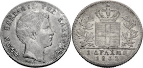 Griechenland. 
OTTO, 1832-1862. Drachme 1832, Athen (geprägt 1842-1843). Kopf r. Rv. Gekröntes Wappen zwischen. Lorbeerzweigen. 23 mm. Divo&nbsp;12a....