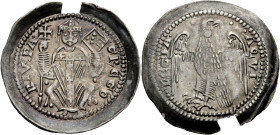 Italien/-Aquileia. 
GREGORIO DE MONTELONGO, 1251-1269. Denaro con aquila (um 1269). Sitzender Patriarch mit Kreuzstab und Buch. Rv. Adler. 20 mm; 1,0...
