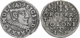 Polen, Königreich. 
SIGISMUND III., 1587-1632. Dreigröscher 1591, Posen (Poznan). Gekrönte Büste n. r. Rv. Wert in 3 Zeilen, (gekreuzte Zainhaken) (S...