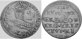 Polen, Königreich. 
SIGISMUND III., 1587-1632. Dreigröscher 1592, Riga. Gekrönte Büste n. r. Rv. Wappenbild zwischen 6 Zeilen Wert und Jahr. 22 mm; 2...