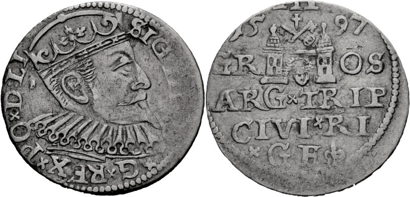 Polen, Königreich. 
SIGISMUND III., 1587-1632. Dreigröscher 1597, Riga. Gekrönt...