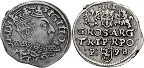 Polen, Königreich. 
SIGISMUND III., 1587-1632. Dreigröscher 1598, Posen (Poznan). Gekrönte Büste n. r. Rv. Wert in 2 Zeilen, :P: (Schild Lewart) 98. ...