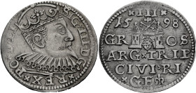 Polen, Königreich. 
SIGISMUND III., 1587-1632. Dreigröscher 1598, Riga. Gekrönte Büste n. r. Rv. Wappenbild zwischen 6 Zeilen Wert und Jahr. 22 mm; 2...