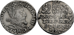 Polen, Königreich. 
SIGISMUND III., 1587-1632. Dreigröscher 1602, Krakau. Gekrönte Büste n. r. Rv. Wert in 3 Zeilen, unten 16 K 02 (die 2 ist seitenv...