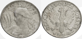 Polen, Königreich. 
REPUBLIK, 1919-1939. 2 Zlote 1924 H, Birmingham. Gekrönter Adler. Rv. Bäuerin mit Ähren n. l. 26,5 mm; 10,0 g. KM&nbsp;16. . 

...