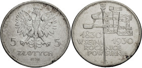 Polen, Königreich. 
REPUBLIK, 1919-1939. 5 Zlotych 1930 zum 100. Jahrestag des Aufstands gegen die russische Herrschaft. Gekrönter Adler. Rv. Fahne. ...
