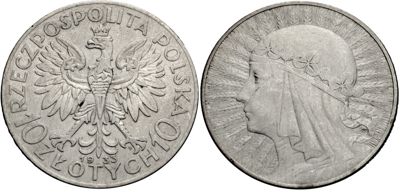 Polen, Königreich. 
REPUBLIK, 1919-1939. 10 Zlotych 1933. Gekrönter Adler. Rv. ...
