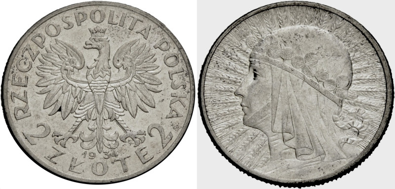 Polen, Königreich. 
REPUBLIK, 1919-1939. 2 Zlote 1934. Gekrönter Adler. Rv. Kop...