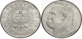 Polen, Königreich. 
REPUBLIK, 1919-1939. 10 Zlotych 1939. Gekrönter Adler. Rv. Kopf Marschalls Pilsudski n. l. KM&nbsp;29. . 

Vorzüglich