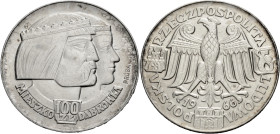 Polen, Königreich. 
VOLKSREPUBLIK, 1945-1989. Probe 100 Zloty 1966, Silber. 2 Köpfe r., PRÓBA Rv. Adler mit ausgebreiteten Flügeln. 35 mm; 20,0 g. KM...