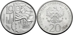 Polen, Königreich. 
VOLKSREPUBLIK, 1945-1989. Probe 20 Zloty 1980 auf den Aufstand in Lodz 1905. Hand hält Fahne vor Schornsteinen, PRÓBA Rv. Adler. ...