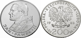Polen, Königreich. 
VOLKSREPUBLIK, 1945-1989. 200 Zloty 1982, geprägt von Valcambi SA in Balerna, Schweiz. Brustbild Papst Johannes Pauls II. n. l. R...