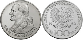 Polen, Königreich. 
VOLKSREPUBLIK, 1945-1989. 100 Zloty 1982, geprägt von Valcambi SA in Balerna, Schweiz. Brustbild Papst Johannes Pauls II. n. l. R...