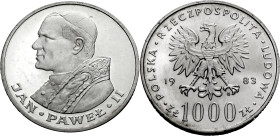 Polen, Königreich. 
VOLKSREPUBLIK, 1945-1989. 1000 Zloty 1983 auf den Besuch des Papstes Johannes Paul II. Sein Brustbild n. l. Rv. Adler. 30 mm; 14,...