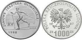 Polen, Königreich. 
VOLKSREPUBLIK, 1945-1989. Probe 1000 Zloty 1987. auf die Olympischen Spiele 1988. Ski-Langläufer n. l., PRÓBA. Rv. Adler. 32 mm; ...