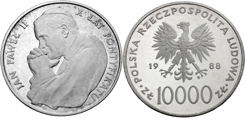 Polen, Königreich. 
VOLKSREPUBLIK, 1945-1989. 10000 Zloty 1988. Brustbild Papst...