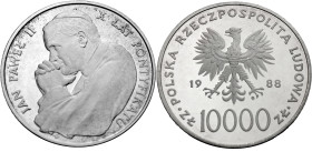 Polen, Königreich. 
VOLKSREPUBLIK, 1945-1989. 10000 Zloty 1988. Brustbild Papst Johannes Pauls II. n. l., das Kinn in die Hände gestützt. Rv. Adler. ...