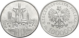 Polen, Königreich. 
REPUBLIK seit 1990. 100 000 Zloty 1990. 10. Jahrestag der Gewerkschaft Solidarnosc. Denkmal. Rv. Adler. KM&nbsp;196.1. . 

Stem...