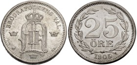 Schweden, Königreich.
OSKAR II., 1872-1907. 25 Öre 1905. Monogramm. Rv. Wert im Kranz. 17 mm; 2,4 g. KM&nbsp;739. .

Vorzüglich-Stempelglanz