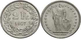 Schweiz. 
Eidgenossenschaft. 
2 Franken 1907. HMZ&nbsp;2-1202m. . 

Vorzüglich-Stempelglanz