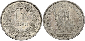Schweiz. 
Eidgenossenschaft. 
1 Franken 1880 B. HMZ&nbsp;2-1204d. Getönt.. 

Vorzüglich