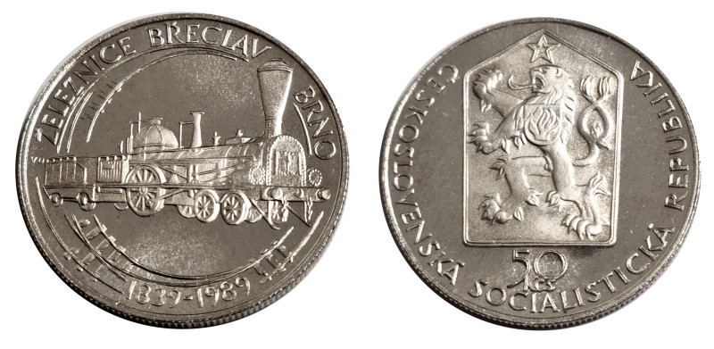 Tschechoslowakei. 
REPUBLIK, 1918-1990. 50 Kronen 1989 auf 150 Jahre Bahnstreck...