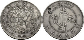 China. 
Reichsmünzen. 
Dollar (1908), Tientsin. Drache. Rv. Schrift. Kann&nbsp;216, KM&nbsp;14. Rectangular counterstamp.. 

Sehr schön