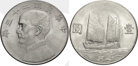 China. 
Republik,. 
Dollar 1934. Büste des Präsidenten Sun Yat Sen n. l. Rv. Segelboot zwischen Schriftzeichen. 39 mm. Kann&nbsp;624, KM&nbsp;345. ....