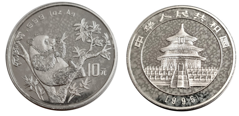 China. 
Volksrepublik. 
Panda 10 Yuan = 1 ounce 1995. Panda eating small twig....