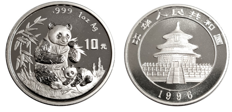 China. 
Volksrepublik. 
Panda 10 Yuan = 1 ounce 1996. Panda mother and cub. KM...