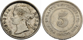 Malaya (Malaysia). 
Straits Settlements. 
VICTORIA, 1837-1901. 5 Cents 1871, London. Kopf l. Rv. Wert. 15 mm; 1,36 g. KM&nbsp;10. . 

Vorzüglich