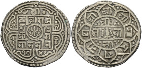Nepal. 
Shah Dynastie. 
Rajendra Vikrama SE 1738-1769/ 1816-1847 A.D. AR Mohar SE 1742/ 1820 A.D. Rechteck mit Inschrift, darüber Mond und Sonne. Rv...