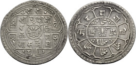 Nepal. 
Shah Dynastie. 
Prithi Bir Bikram VS 1936-1968 / 1881-1911 A.D. AR Mohar, datiert SE 1832/ 1910 A.D. Lotos Symbol; Schrift im Viereck. Rv. S...