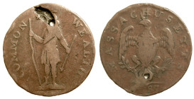 Vereinigte Staaten von Amerika. 
MASSACHUSETTS Copper Cent 1787. Stehender Indianer mit Bogen und Pfeil. Rv. Adler. 29 mm. Gelocht.. 

Schön