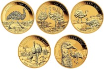 A set of five gold AUSTRALIAN EMU coins weighing one ounce each.
Obv: Queen Elizabeth II, designed by Jody Clark. On the edge of the coin there is an...